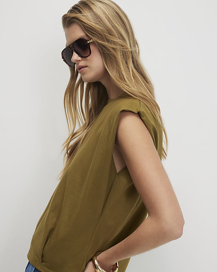 Khaki Cotton Pleat Detail T-Shirt