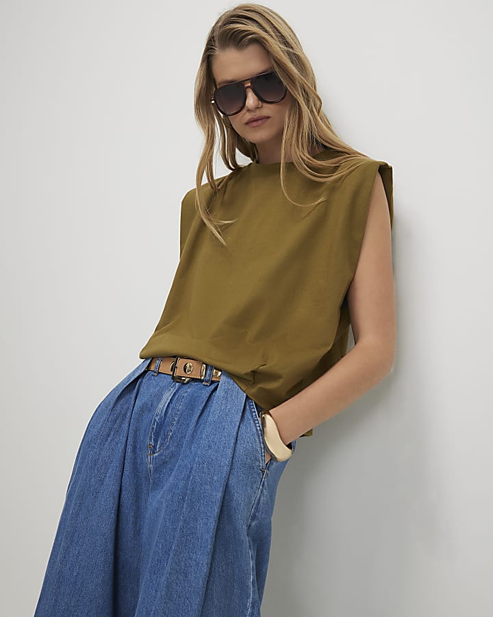 Khaki Cotton Pleat Detail T-Shirt