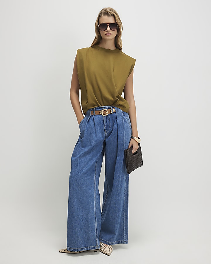 Khaki Cotton Pleat Detail T-Shirt