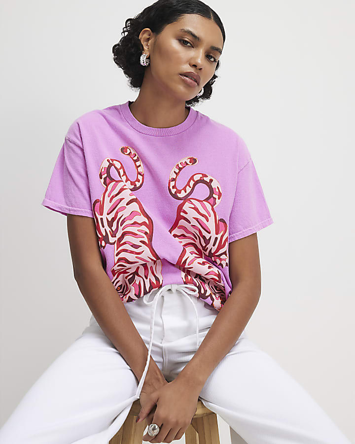Pink Cotton Tiger Print T-Shirt