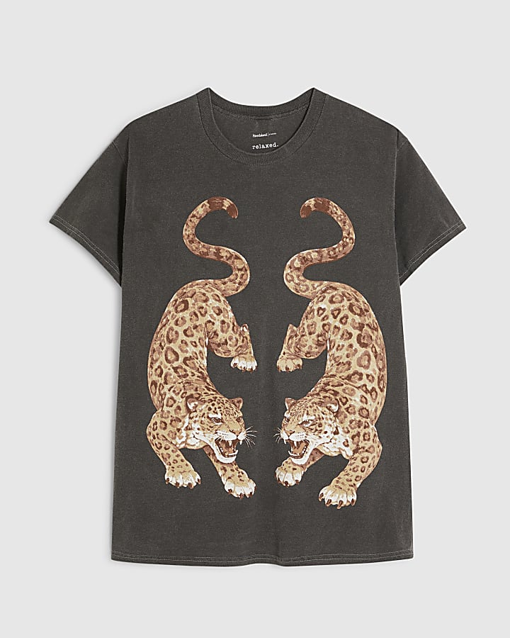 Grey Cotton Tiger Print T-Shirt