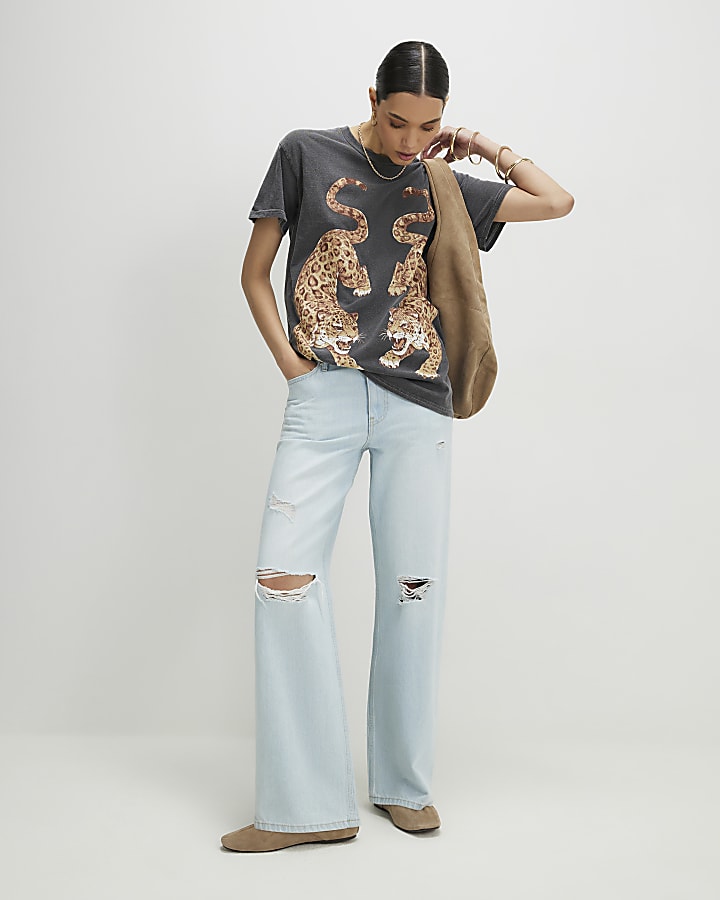 Grey Cotton Tiger Print T-Shirt