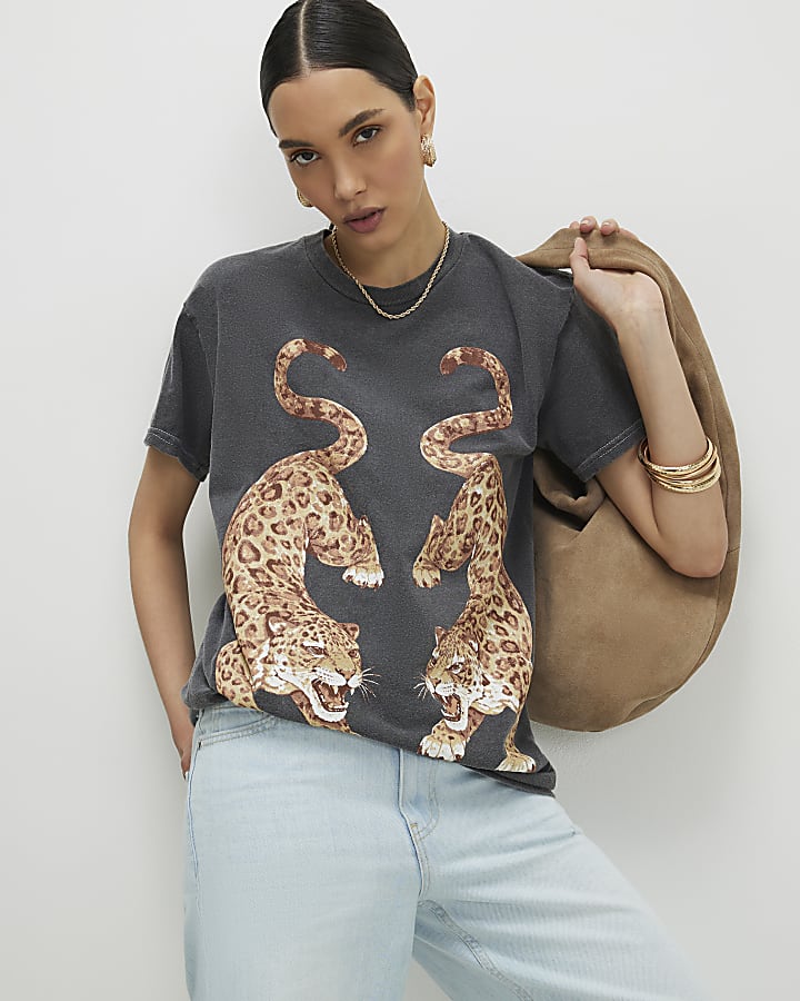 Grey Cotton Tiger Print T-Shirt