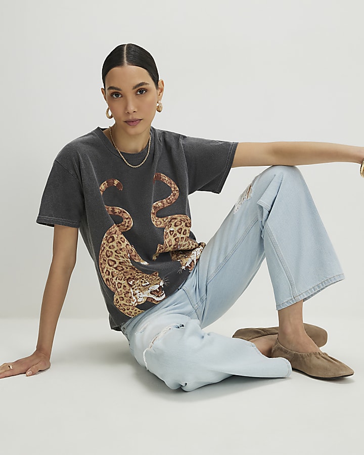 Grey Cotton Tiger Print T-Shirt