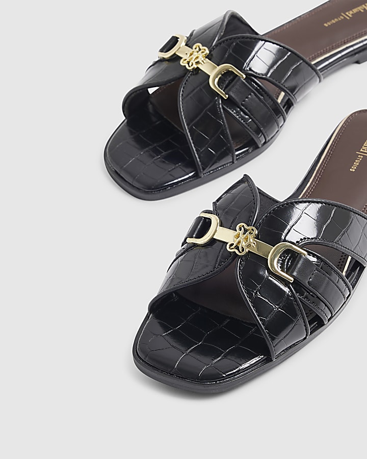 Black Croc Print Flat Sandals