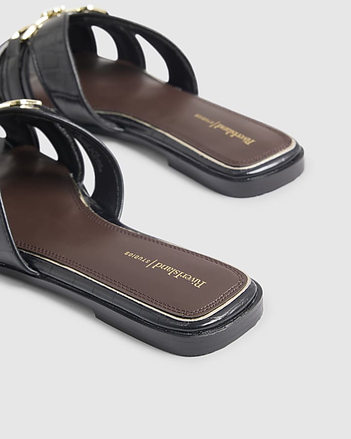 Black Croc Print Flat Sandals