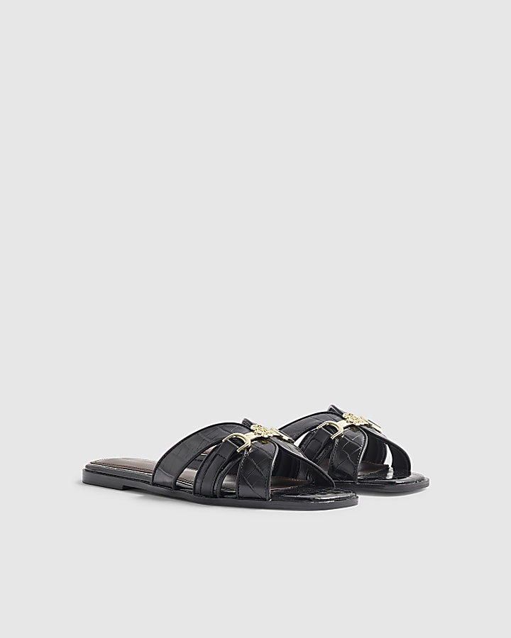 Black Croc Print Flat Sandals