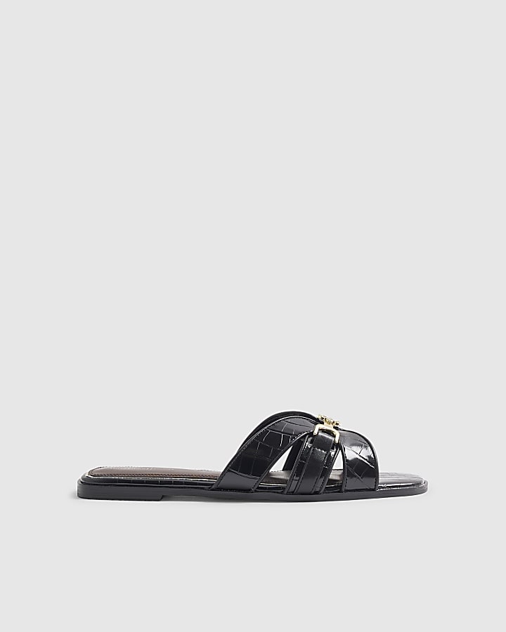 Black Croc Print Flat Sandals
