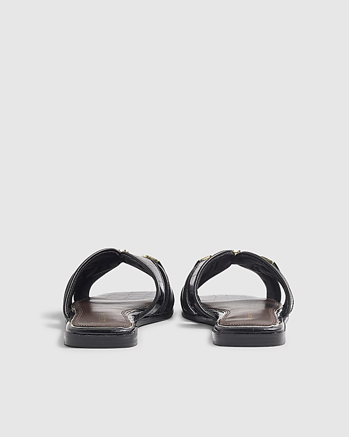 Black Croc Print Flat Sandals