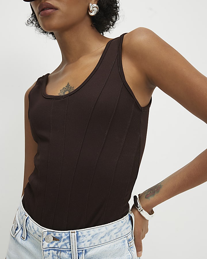 Brown Scoop Neck Seam Trim Bodysuit