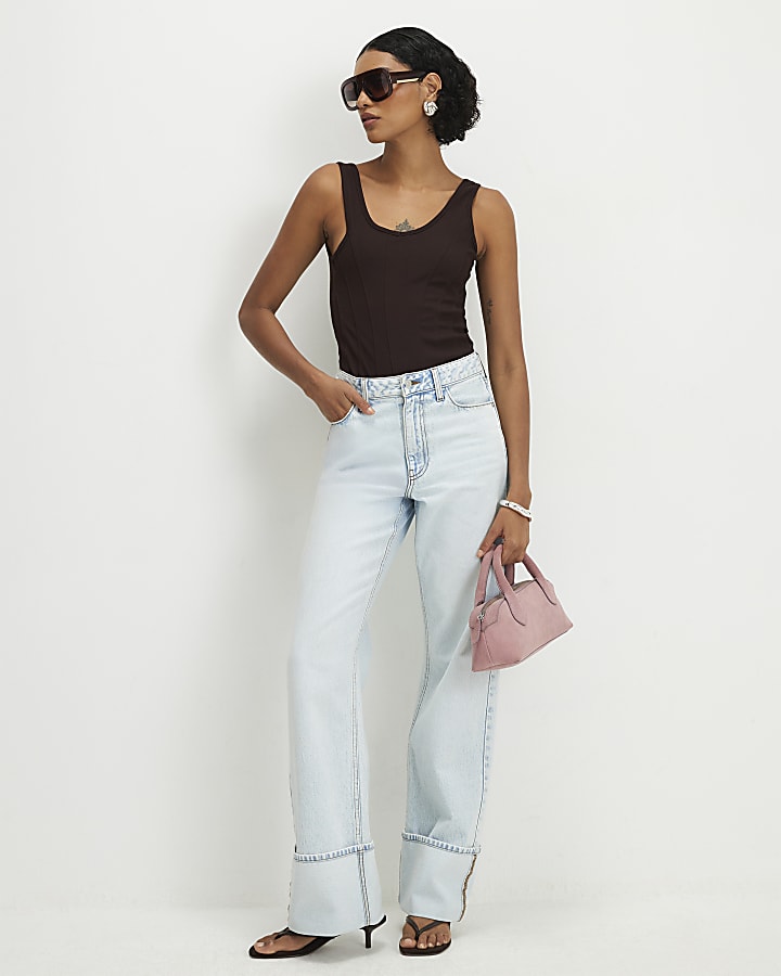 Brown Scoop Neck Seam Trim Bodysuit