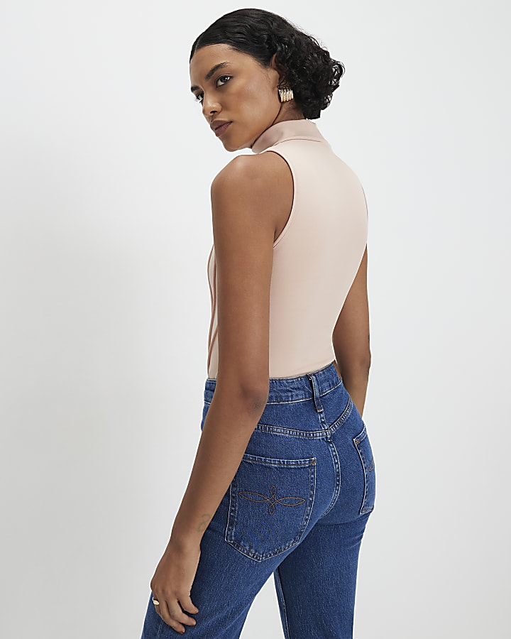 Beige High Neck Seam Trim Bodysuit