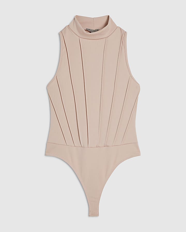 Beige High Neck Seam Trim Bodysuit