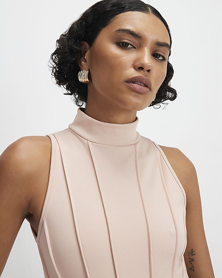 Beige High Neck Seam Trim Bodysuit