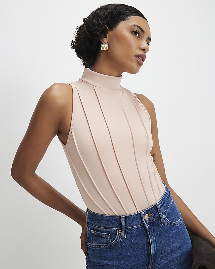 Beige High Neck Seam Trim Bodysuit