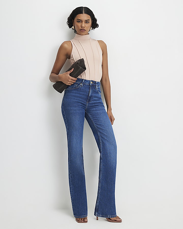 Beige High Neck Seam Trim Bodysuit