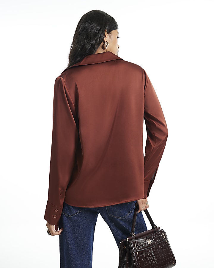Rust Satin Wrap Front Blouse