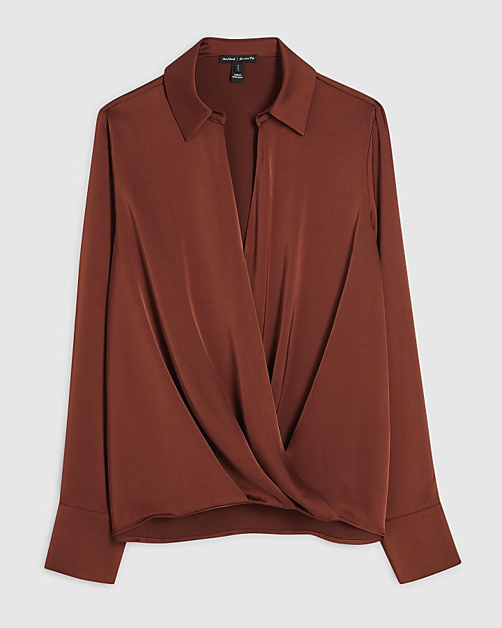 Rust Satin Wrap Front Blouse