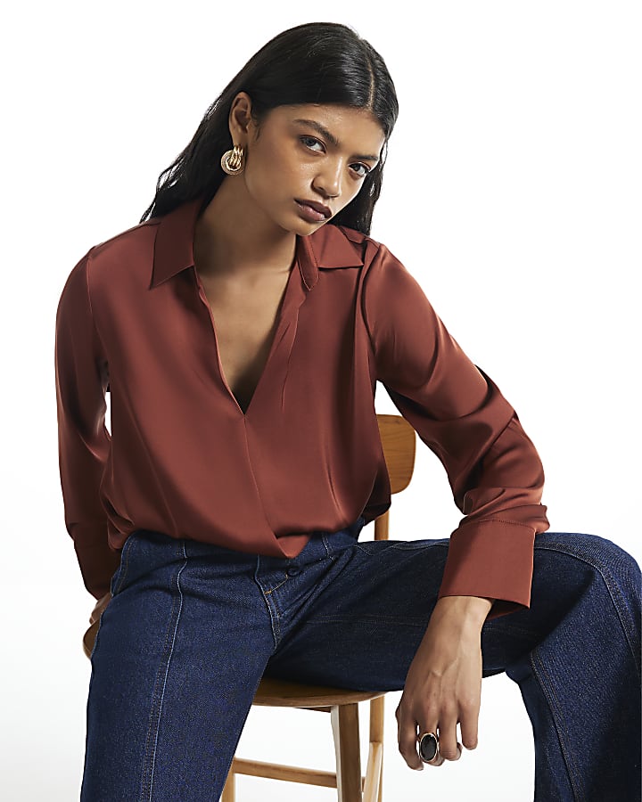 Rust Satin Wrap Front Blouse