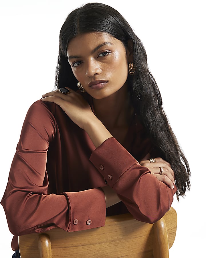 Rust Satin Wrap Front Blouse