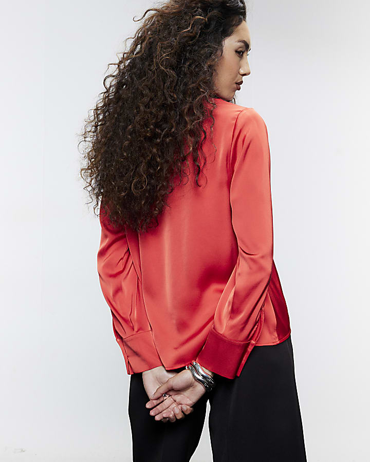 Red Satin Wrap Front Blouse