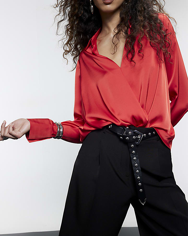 Red Satin Wrap Front Blouse