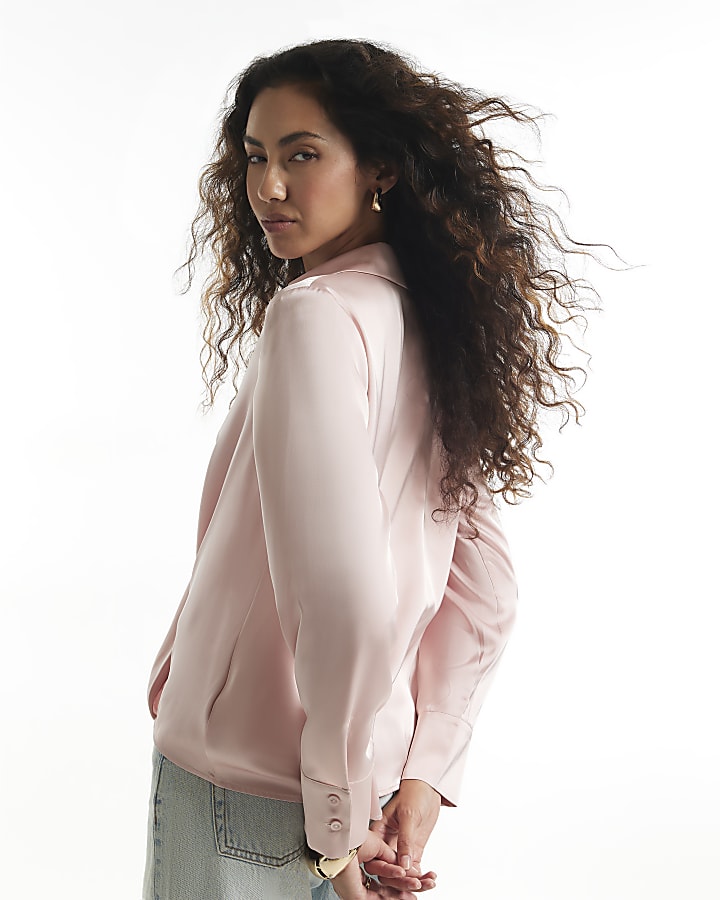 Pink Satin Wrap Front Blouse