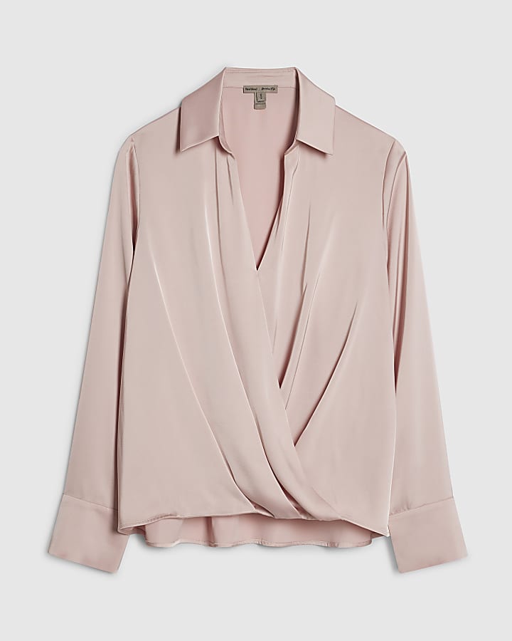 Pink Satin Wrap Front Blouse