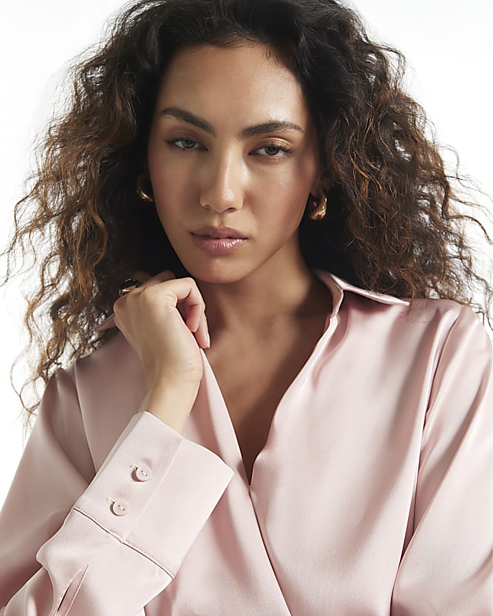 Pink Satin Wrap Front Blouse