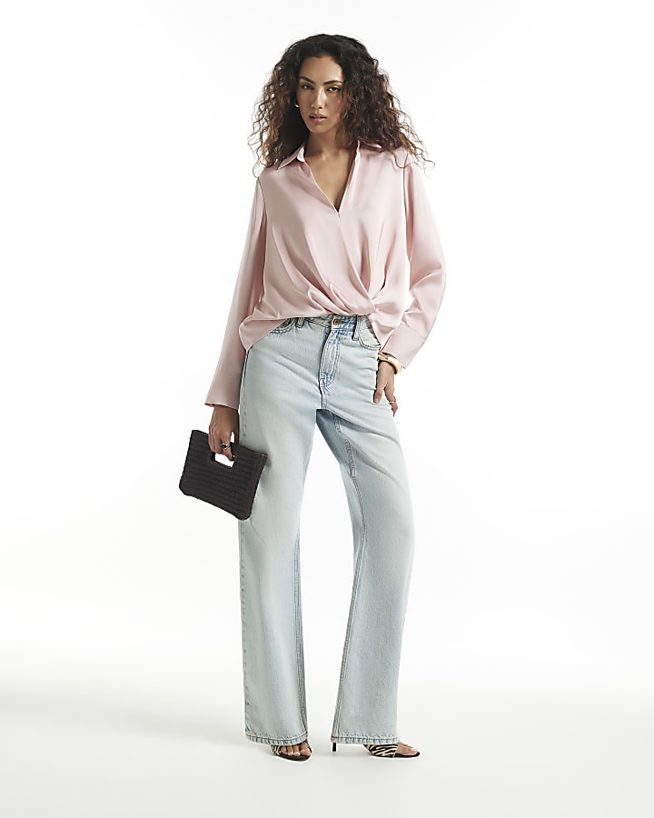 Pink Satin Wrap Front Blouse