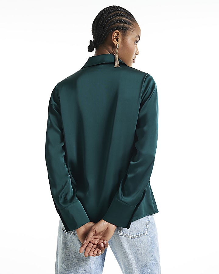 Green Satin Wrap Front Blouse