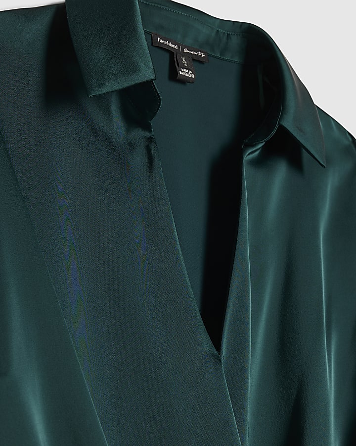 Green Satin Wrap Front Blouse