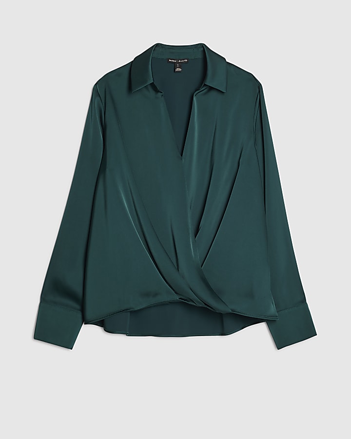 Green Satin Wrap Front Blouse