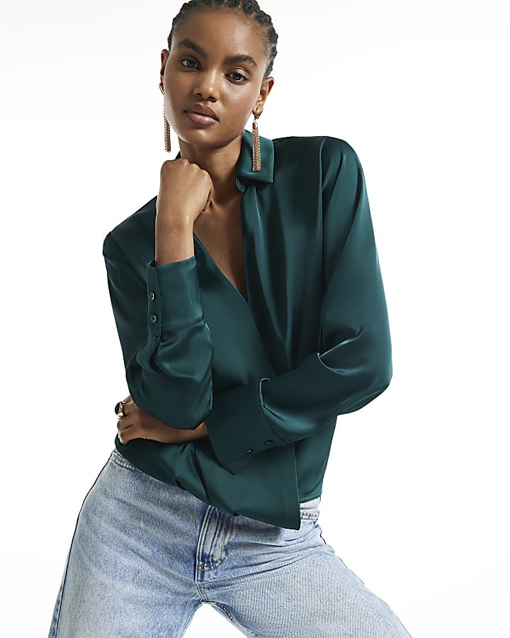 Green Satin Wrap Front Blouse