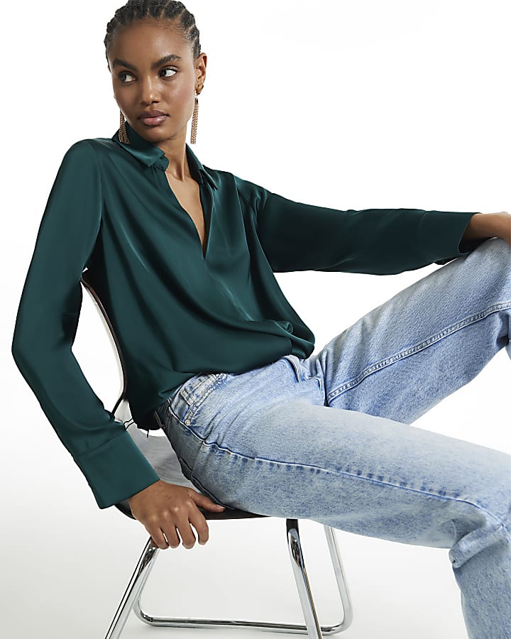 Green Satin Wrap Front Blouse