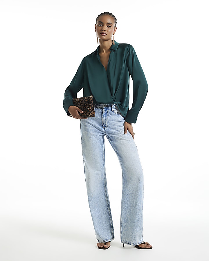Green Satin Wrap Front Blouse