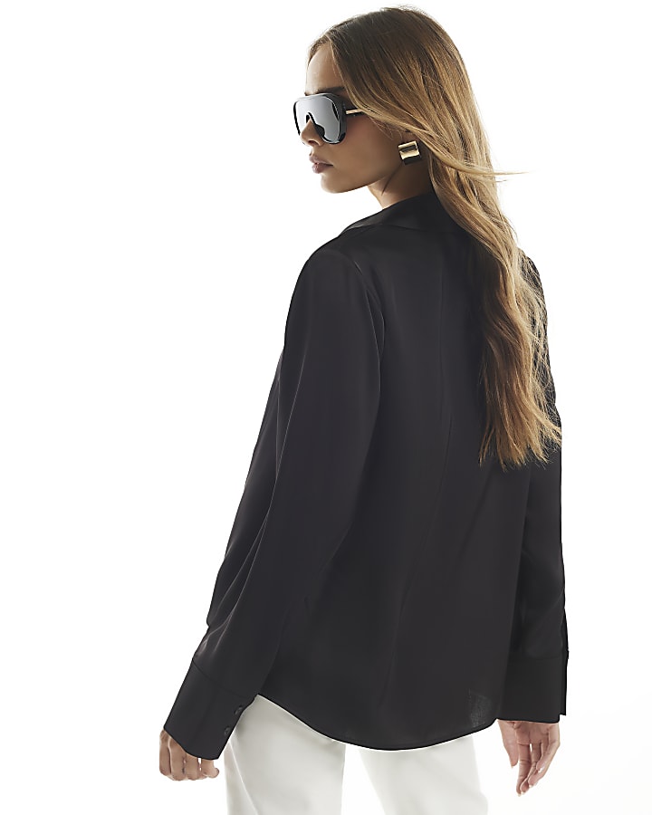 Black Satin Wrap Front Blouse