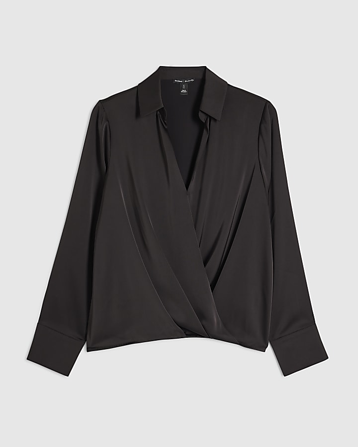 Black Satin Wrap Front Blouse