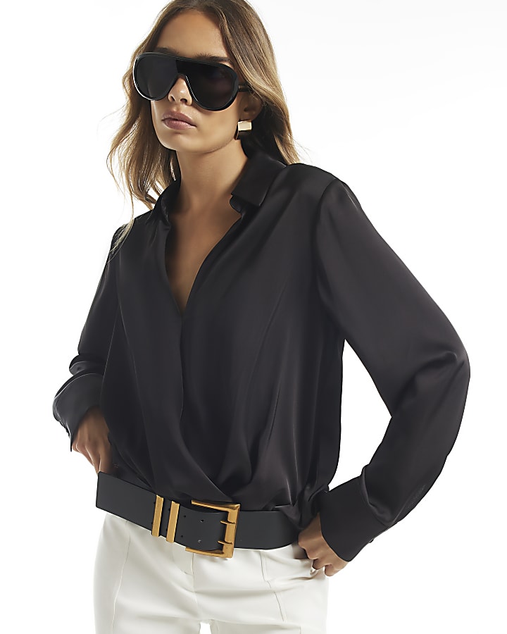 Black Satin Wrap Front Blouse
