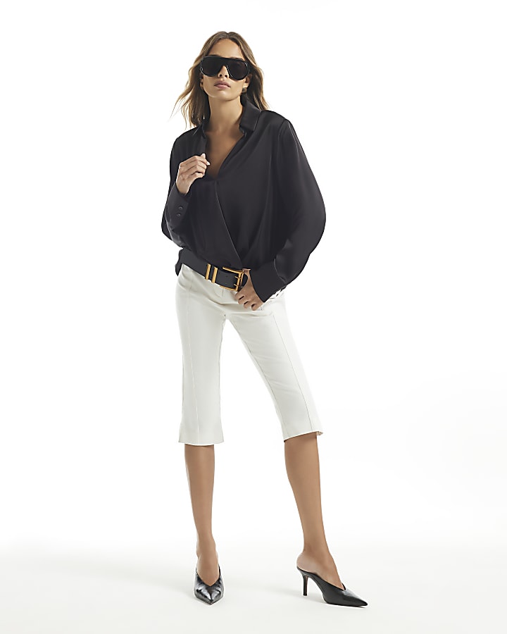 Black Satin Wrap Front Blouse