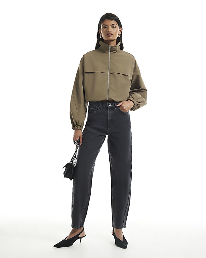 Black Mid Rise Washed Mom Jeans