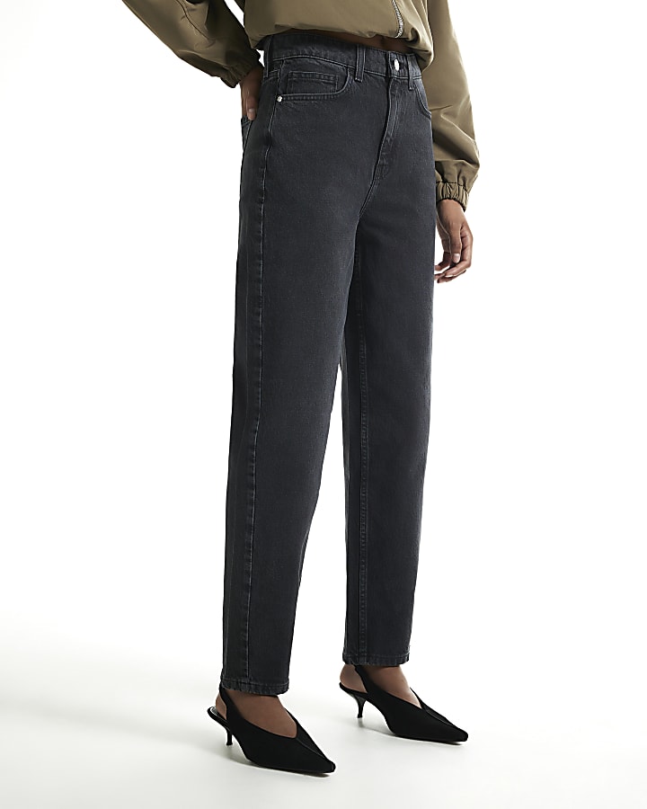 Black Mid Rise Washed Mom Jeans