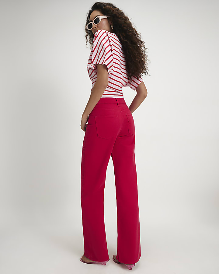 Red High Waisted Relaxed Straight Leg Jeans
