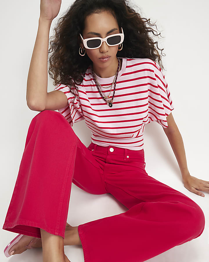 Red High Waisted Relaxed Straight Leg Jeans