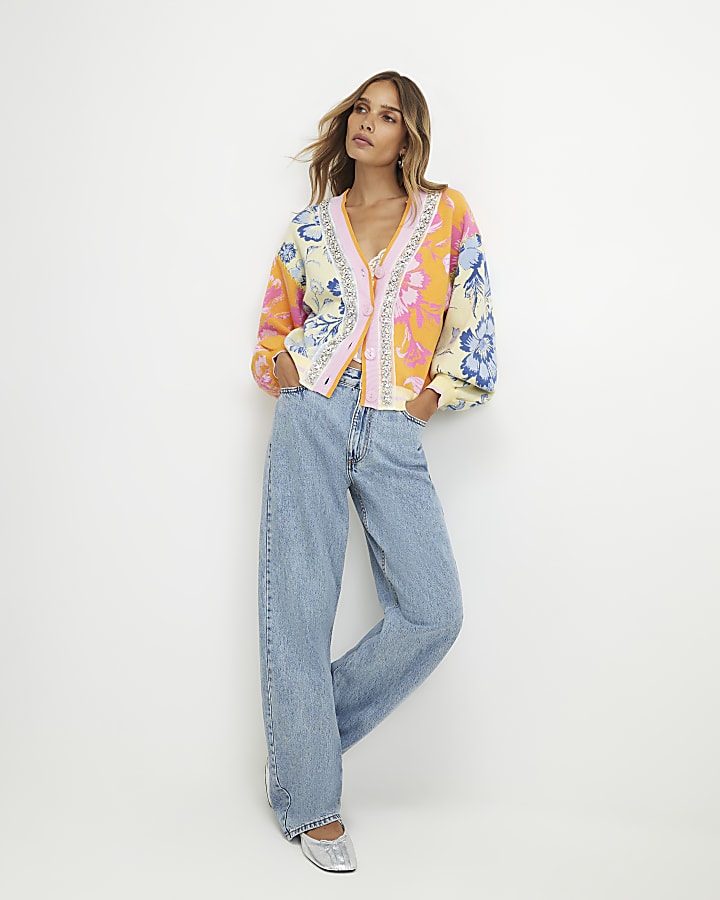 Orange Floral Embellished Knit Cardigan