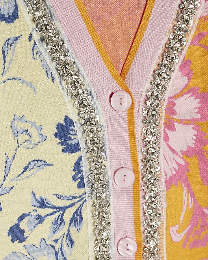 Orange Floral Embellished Knit Cardigan