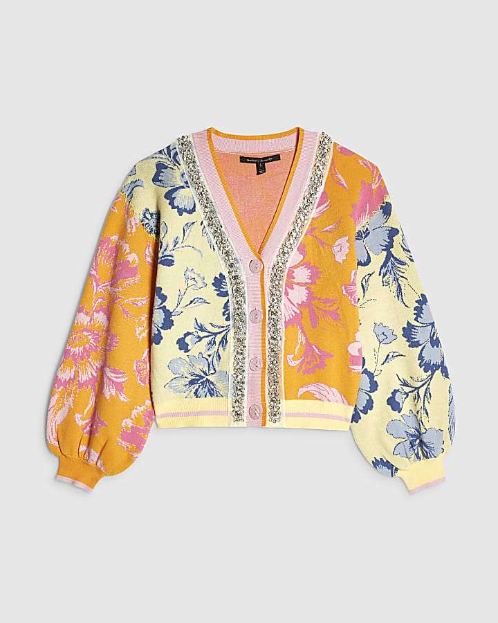 Orange Floral Embellished Knit Cardigan