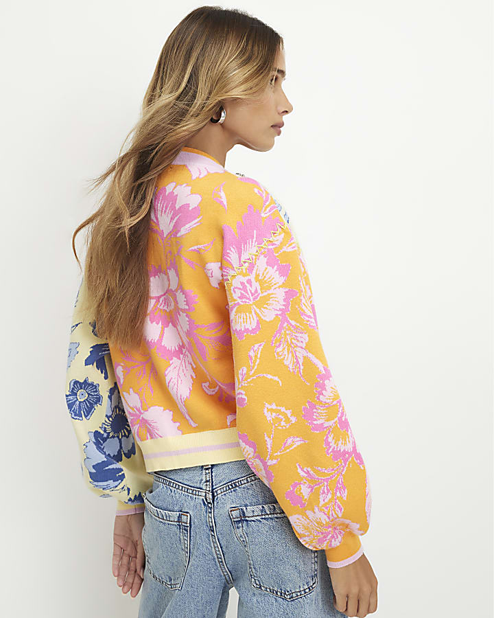 Orange Floral Embellished Knit Cardigan