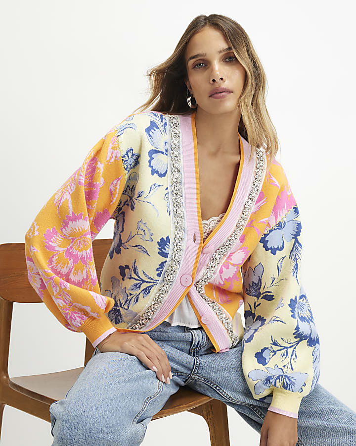Orange Floral Embellished Knit Cardigan