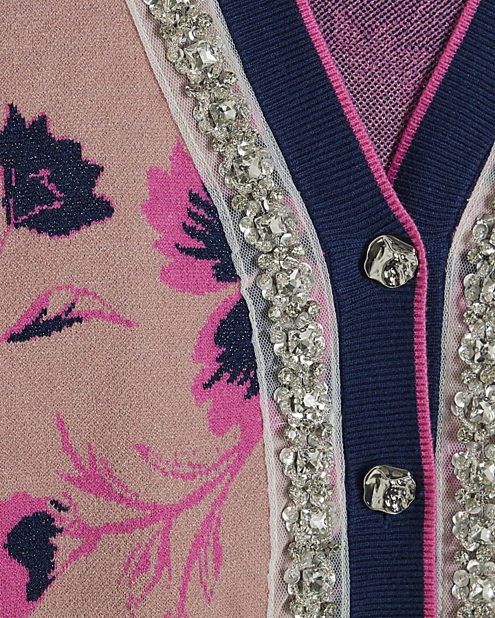 Navy Floral Embellished Knit Cardigan